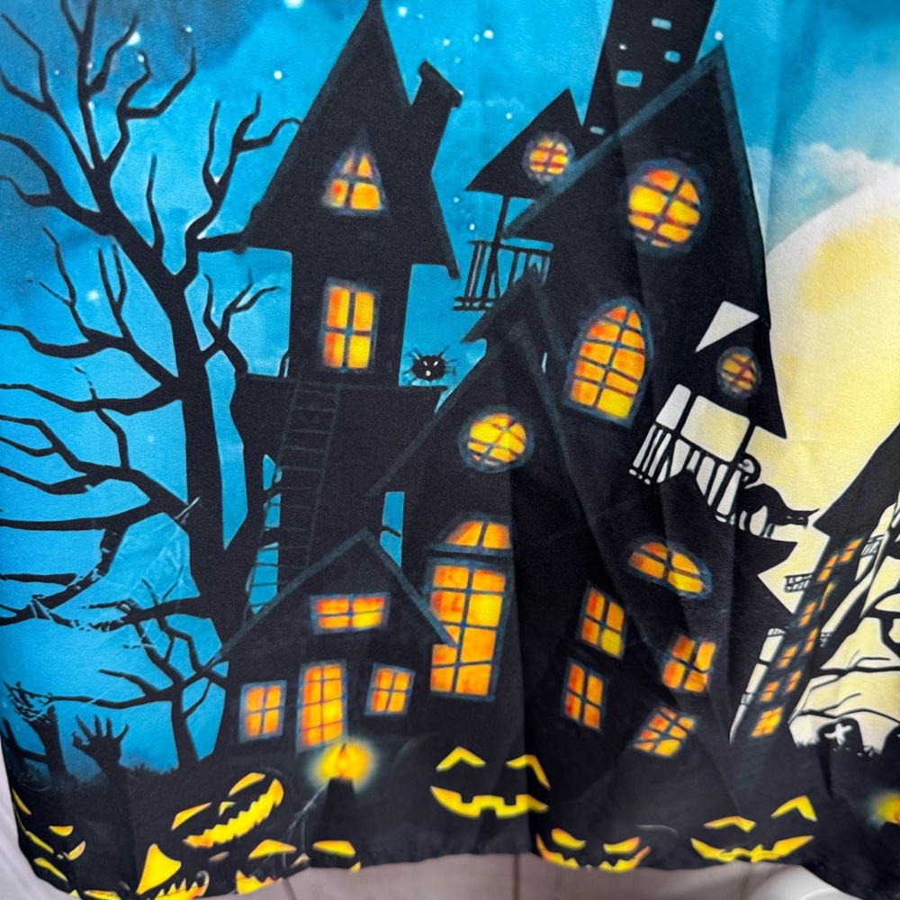 Halloween Haunted House Pumpkin Witch Print Lace Midi Dress Gothic Spooky Size L - Picture 6 of 16